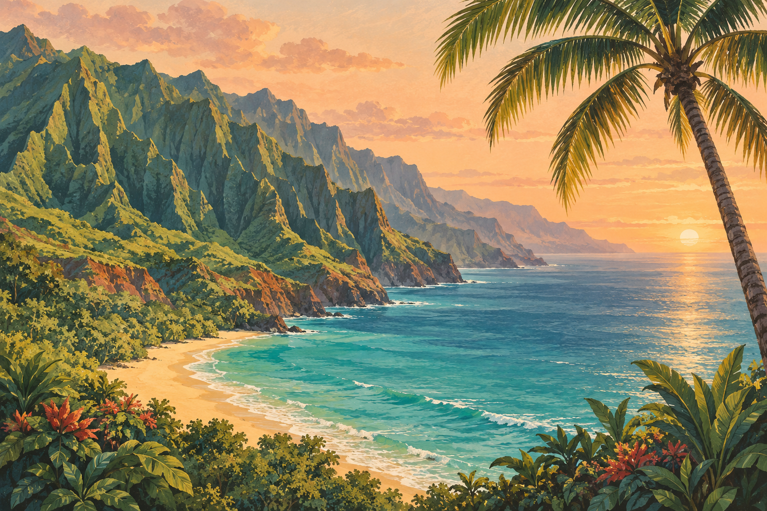 Hawaiian coastal mountains and a palm-fringed bay, shown in a muted dusk palette.